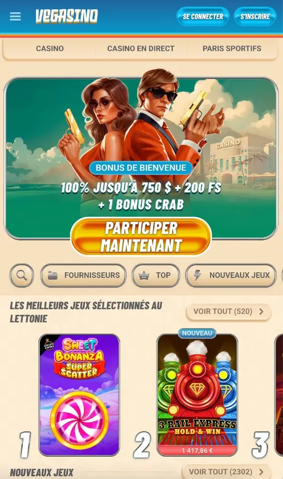 Vegasino Casino — écran d'accueil sur mobile