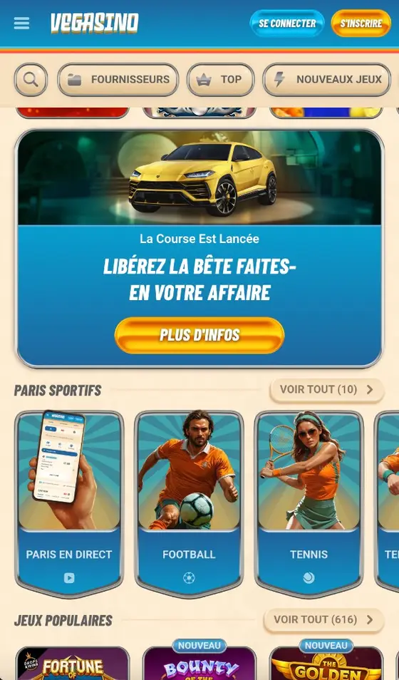 Vegasino offre de bienvenue et bonus sur mobile